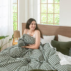MooMee Gingham Duvet Cover Set 100% Washed Cotton Linen Like Textured Breathable Durable Soft Comfy Modern Checkered Design (Forest Green Gingham, Cal King 104"x98")