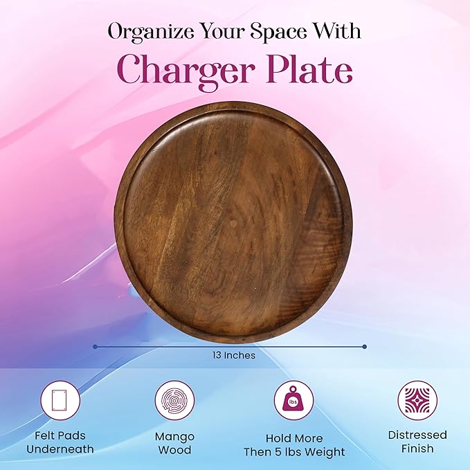CLEENTABLE 2 Pack Wooden Charger Plates - 12" Rustic Wood Serving Platter - Round Dinner Plates, Decorative Tableware, Farmhouse Table Decor, Rustic Kitchen Plates, Wedding, Party, Events (Walnut)