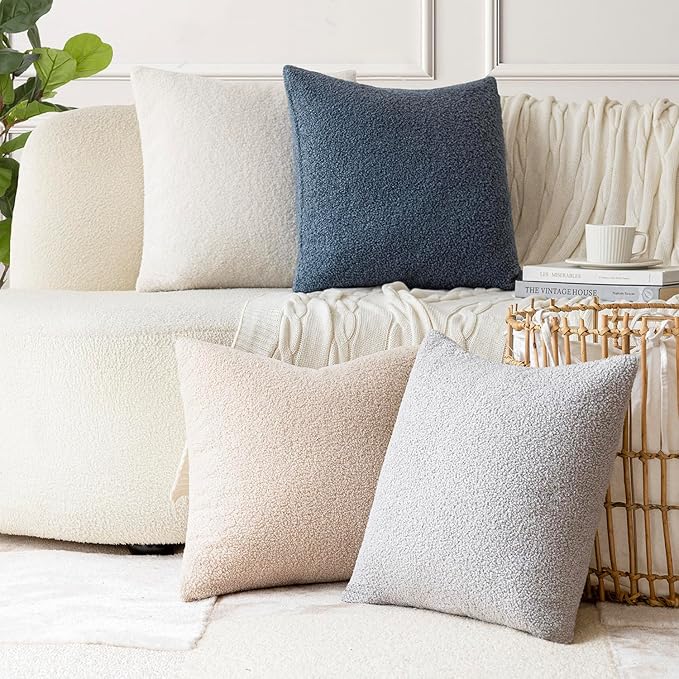 Foindtower Pack of 2, Curly Faux Fur Decorative Throw Pillow Covers Soft Plush Cushion Case with Zipper Cozy Fluffy Boho Pillowcase for Home Living Room Couch Bedroom Bed Sofa 18 x 18 Inch, Blue