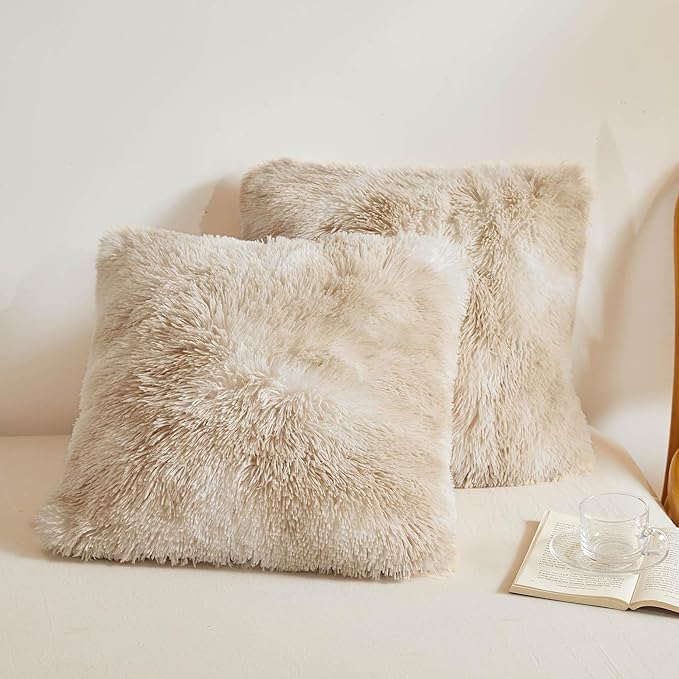 XeGe Tie Dye Faux Fur Throw Pillow Covers, Luxury Fluffy Plush Pillow Shams, Ombre Shaggy Decorative Pillow Cushion Cover for Sofa Bed Couch Zipper Closure, Pack of 2(18''x18'', Tie Dye Beige)