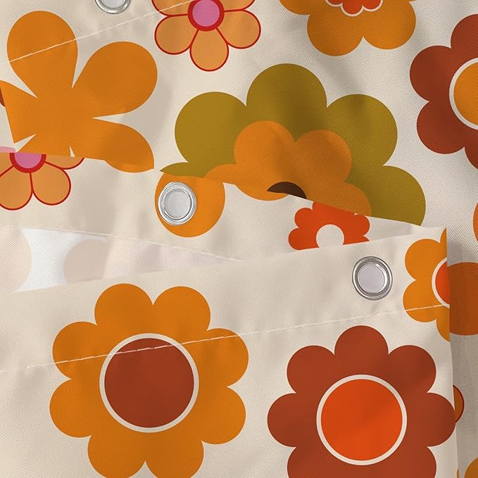 Retro Flowers Shower Curtain, Groovy Brown Orange Sun Flower Vintage 70s Fabric Shower Curtains Set for Bathroom Funky Hippie 1970 Boho Yellow Floral Decoration with Hooks 72 X 83 inch Bath Decor