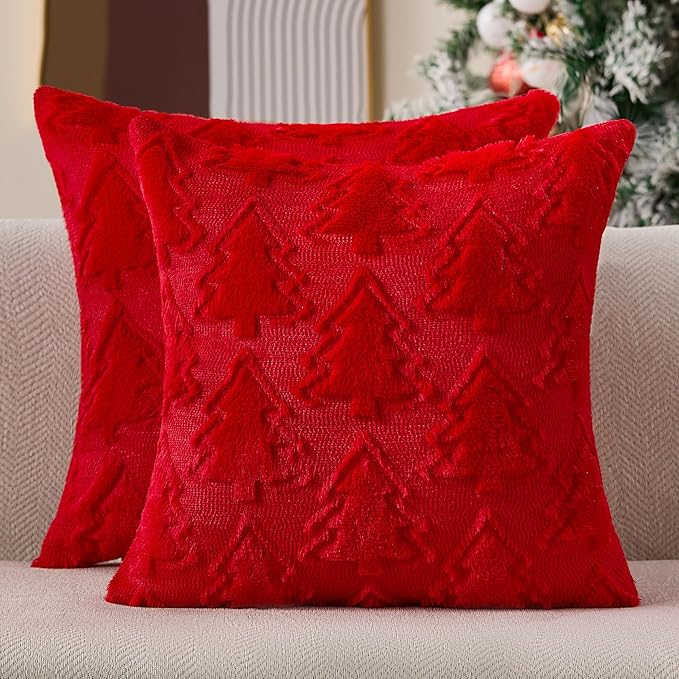 Christmas Pillow Covers 18x18 Set of 2 Red Double Christmas Tree Decorations Pillow Covers Soft Plush Faux Fur Decor for Xmas Winter Holiday Home Bedroom Sofa Cushion Cases PT-016B18