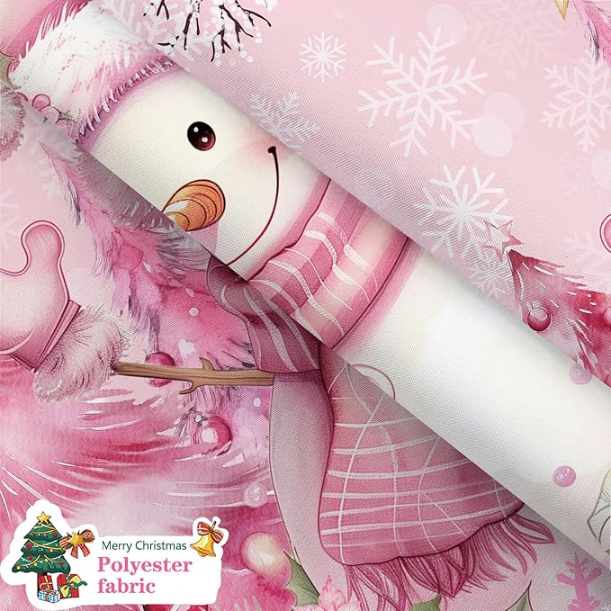 Pink Christmas Snowman Shower Curtain, Cute Winter Snowflake Snowman Pine Tree Decoration Xmas Shower Curtain for Bathroom, Farmhouse Christmas Holiday Fabric Bath Curtain Set with Hooks 72"X72"