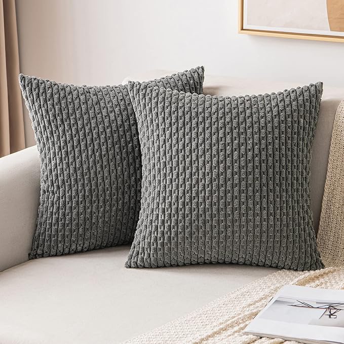 MIULEE Pack of 2 Decorative Throw Pillow Covers 18x18 Inch Soft Boho Striped Textured Corduroy Pillow Covers Modern Farmhouse Home Decor for Couch Bed Sofa Living Room Dark Grey