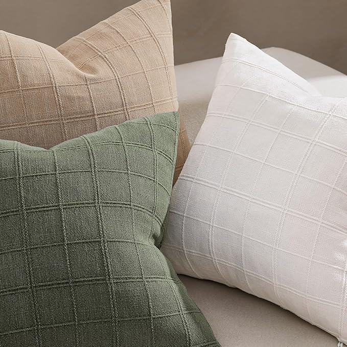 Woaboy Linen Check Throw Pillow Covers Set of 2 - Cream White Farmhouse Modern Boho Vintage Christmas Decorative Cushion Covers for Sofa Couch Bedroom Living Room Decor 18x18 Inch