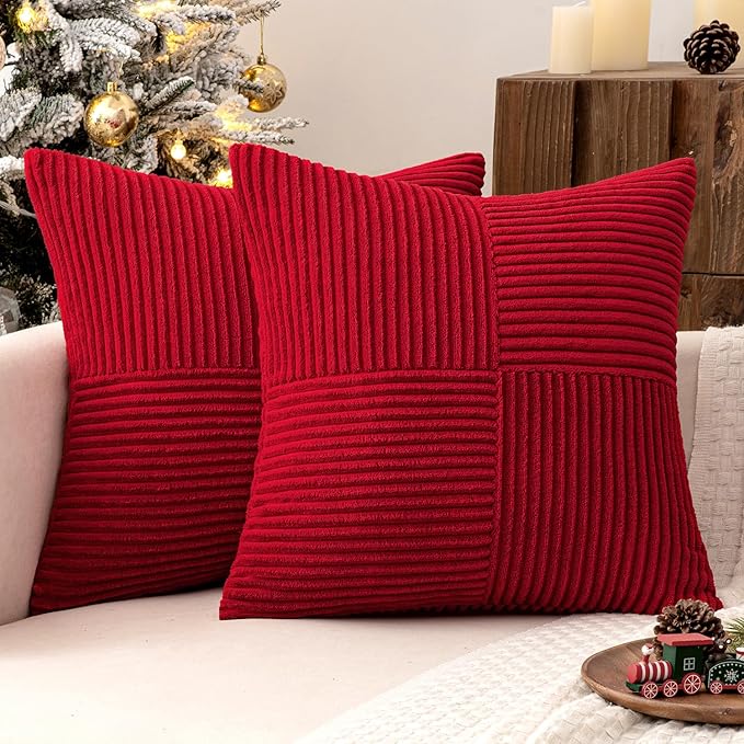 MIULEE Christmas Red Corduroy Pillow Covers Pack of 2 Boho Decorative Spliced Throw Pillow Covers Soft Solid Couch Pillowcases Cross Patchwork Cushion Covers for Living Room Bed Sofa 20x20 inch