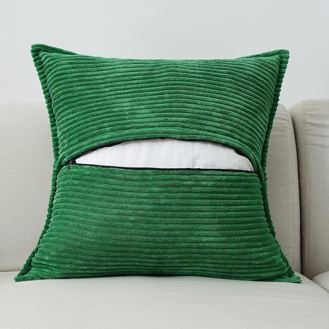 HAUSSY Emerald Green Decorative Throw Pillow Covers 24x24 Inch Set of 2,Soft Solid Corduroy Striped Cushion Case,Square Euro Pillow Shams,Winter Home Decorations for Couch,Bed