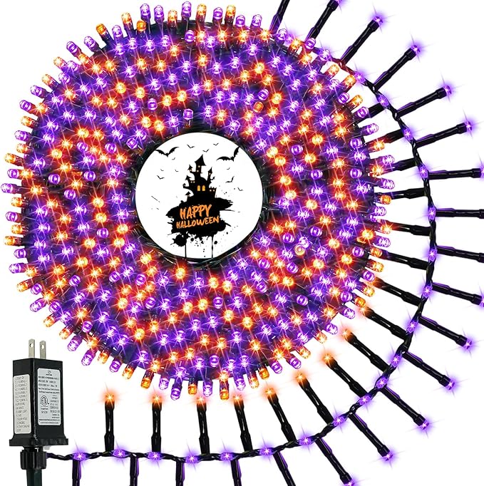 800 LED Halloween Slow Twinkle Cluster Lights, Firecracker Fairy Lights with 15 Modes & Timer Function, 33FT Waterproof String Lights for Indoor Outdoor Tree Halloween Decorations, Orange and Purple