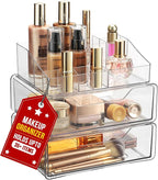 Clear Makeup Organizer - Acrylic Cosmetic Vanity Storage Organizers for Girls Dresser, Bathroom, Desk Counter - Plastic Make Up Holder, Jewelry Box (2-Drawer | Multi Compartments)