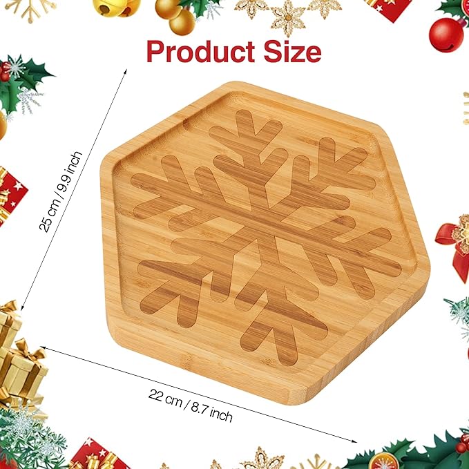 WILLKOMMEN Christmas Serving Tray, Bamboo Snowflake Shaped Serving Platter, Charcuterie Board Serving Dishes 10" x 9" for Party Cookie Fruit Tray Cheese Board Plate