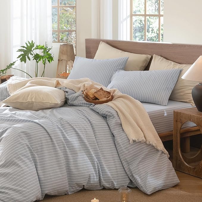 MooMee Striped Duvet Cover Set 100% Washed Cotton Linen Like Textured Breathable Durable Soft Comfy (Cornflower Blue White Wide Stripes, Queen 90"x90")