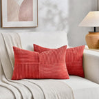 Fancy Homi 2 Packs Red Lumbar Decorative Throw Pillow Covers 14x24 Inch for Couch Bed Sofa, Holiday Christmas Home Decor Gift, Soft Striped Corduroy Rectangle Accent Cushion Case 35x60 cm