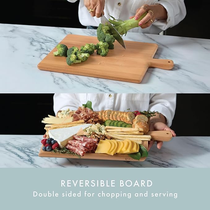 Charcuterie Board - Solid Wood Cutting Board for Kitchen with Groove & Handle, Cheese Board for Vegetables, Bread, Fruits, Meat - Decorative Wooden Serving Tray House Warming Gift