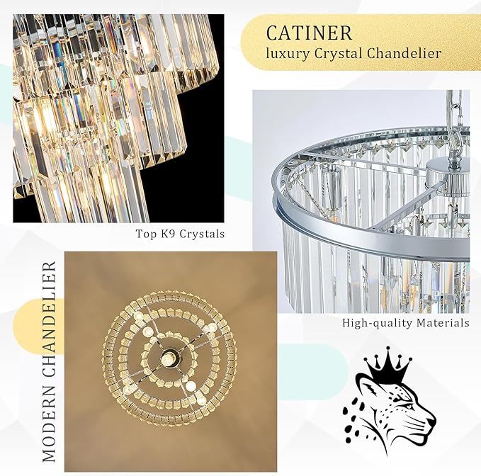 20” Modern Crystal Chandeliers, Chrome Round Chandeliers for Dining Room 3 Tiers 7 Lights Luxury K9 Crystal Ceiling Pendant Light Fixture for Foyer Bedroom Closet
