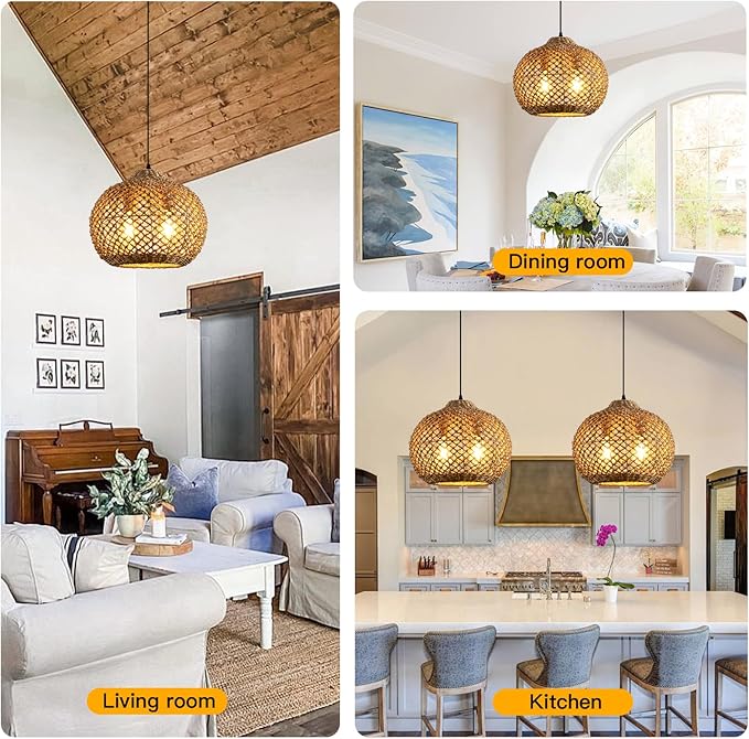 13.79" Rattan Pendant Light Fixture,Farmhouse 2-Light Kitchen Island Ceiling Hanging Lighting Wicker Hand Woven Chandelier,for Bedroom, Dining Room, Entryway, Foyer