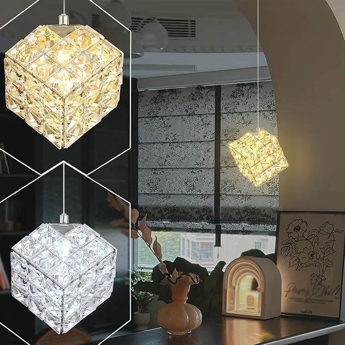 1-Light Modern Chrome Pendant Light Fixtures for Kitchen Island Small Hanging Crystal Chandelier for Bedroom Entryway Living Room Foyer Hallway LED Dimmable Chandeliers for Dining Room