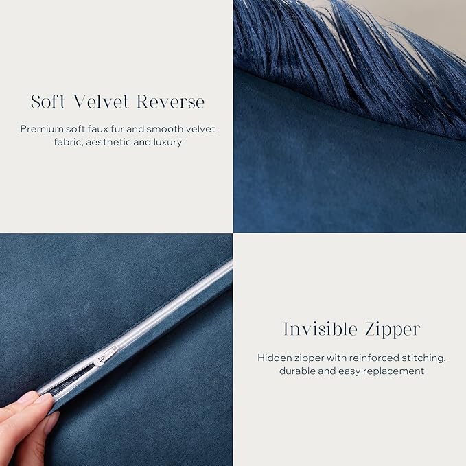 Phantoscope Pack of 2 Faux Fur Solid Throw Decorative Pillow Cover Cushion Covers Luxury Soft Decorative Pillowcase Fuzzy Pillow Covers for Bed/Couch,Navy Blue 26 x 26 Inches