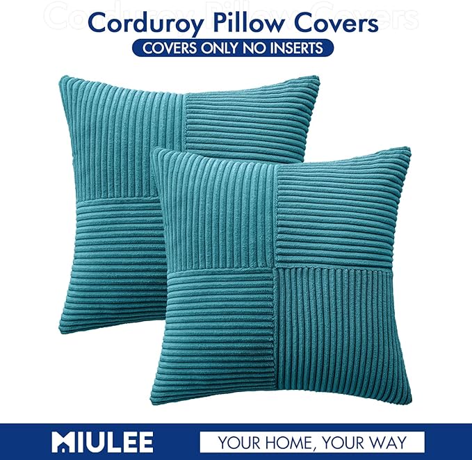 MIULEE Teal Corduroy Pillow Covers Pack of 2 Boho Decorative Spliced Throw Pillow Covers Soft Solid Couch Pillowcases Cross Patchwork Textured Cushion Covers for Living Room Bed Sofa 16x16 inch