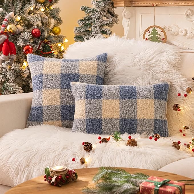 AQOTHES Blue White Plaid Winter Throw Pillow Covers 12x20 Inch Set of 2, Boucle Faux Fur Pillow Covers,Cozy Fluffy Home Living Room Farmhouse Decor for Sofa Couch Bed