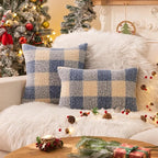 AQOTHES Blue White Plaid Winter Throw Pillow Covers 18x18 Inch Set of 2, Boucle Faux Fur Pillow Covers,Cozy Fluffy Home Living Room Farmhouse Decor for Sofa Couch Bed
