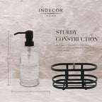 3 Piece Round Heavy Weight Glass Soap Lotion Pump Dispenser Set with Metal Caddy for Home Bath Kitchen Travel Office Hand Crafted Metal Tray Matte Black