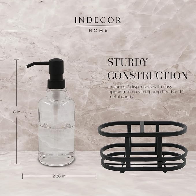 3 Piece Round Heavy Weight Glass Soap Lotion Pump Dispenser Set with Metal Caddy for Home Bath Kitchen Travel Office Hand Crafted Metal Tray Matte Black
