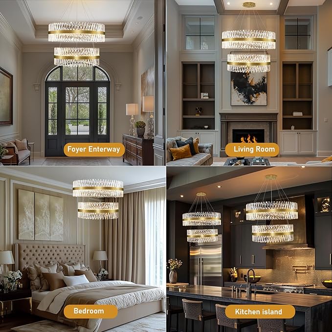 Modern Crystal Chandeliers, Double Tier 40"+32" Large High Ceiling Chandelier. Elegant Crystal Chandelier Hangs from The Ceiling of The Living Room, Stairwell, and Foyer.