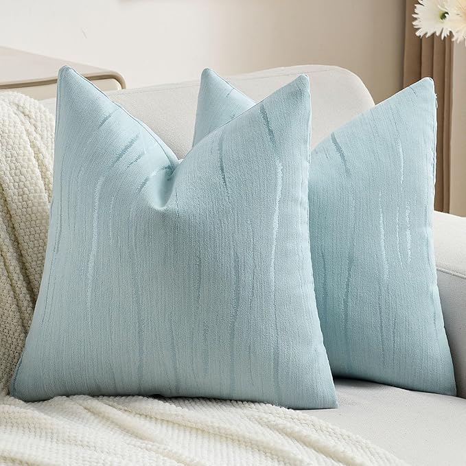 FUTEI Light Blue Chenille Decorative Throw Pillow Covers 22x22 Inch Set of 2,Soft Embossed Striped Textured Cushion Case,Modern Home Decor for Couch Bed Living Room