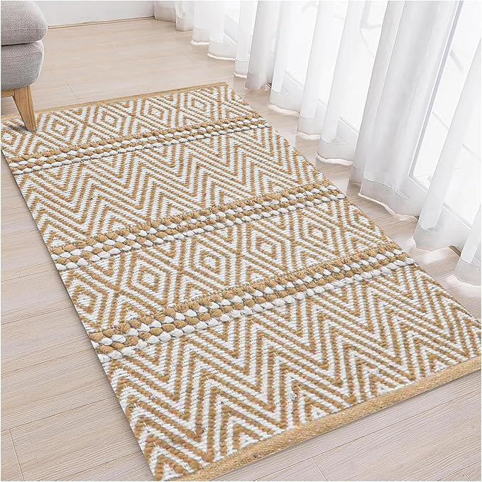 Bedding Craft Jute Cotton Stripe Area Rug for Living Room 24x36 Inch - Natural Ivory - Machine Washable 2x3 Feet Rugs - 70% Jute and 30% Cotton