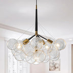 Mid-Century Bubble Ball Chandelier Black Gold 6-Light Cluster Clear Swirled Blown Glass Globe Pendant Light Dia 24" Chandeliers Lighting Light Fixtures for Dining Room Bathroom Island Entryway