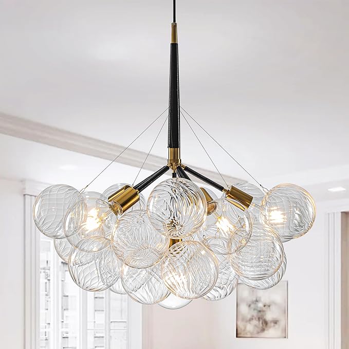 Mid-Century Bubble Ball Chandelier Black Gold 6-Light Cluster Clear Swirled Blown Glass Globe Pendant Light Dia 24" Chandeliers Lighting Light Fixtures for Dining Room Bathroom Island Entryway