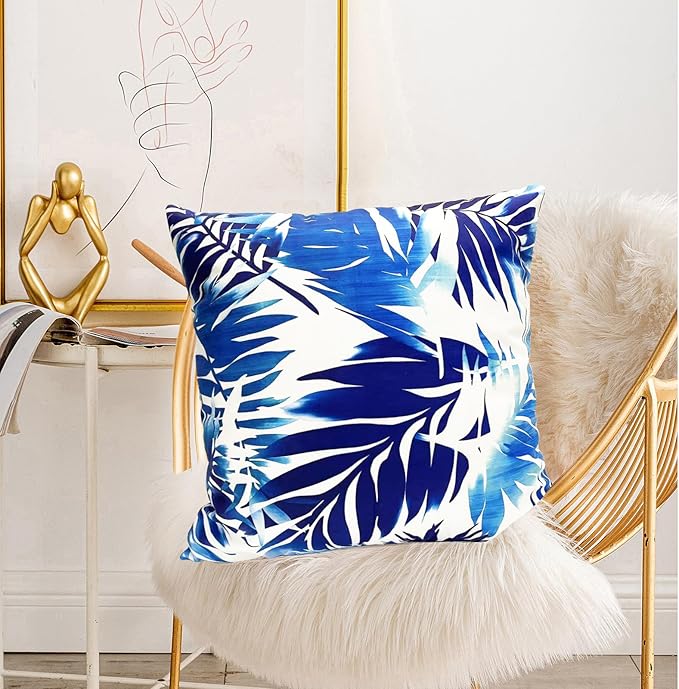 Decorative Throw Pillow Covers Set of 2 Blue Leaves of Tropical Pillow Covers 20x20 inch Soft Short Plush Square Throw Pillows,Farmhouse Outdoor Pillow Covers for Couch Sofa Living Room