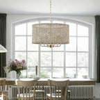 20" Rattan Hand-Woven Boho Chandelier for Dining Room, 6-Light Rattan Drum Wicker Farmhouse Large Vintage Chandelier Pendant Light Fixture for Kitchen Island Entryway(Gold)