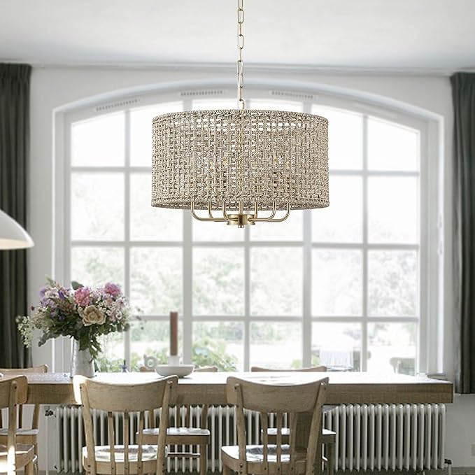 20" Rattan Hand-Woven Boho Chandelier for Dining Room, 6-Light Rattan Drum Wicker Farmhouse Large Vintage Chandelier Pendant Light Fixture for Kitchen Island Entryway(Gold)