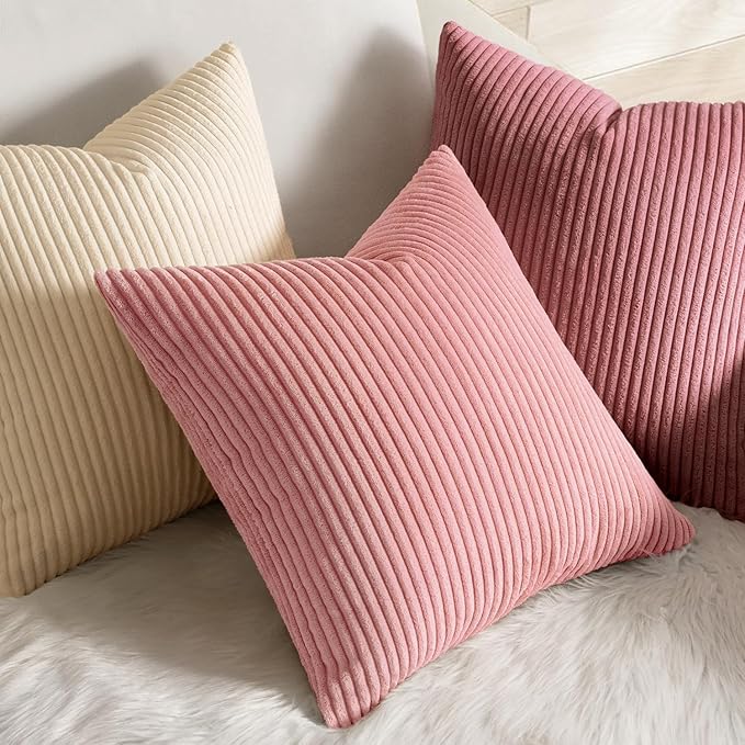 MIULEE Pillow Covers 18x18 Pack of 2 Soft Soild Couch Pillow Covers Decorative Striped Corduroy Throw Pillows for Couch Bed Spring, Beige