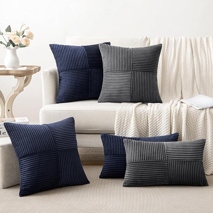 MIULEE Dark Blue Corduroy Pillow Covers Pack of 2 Boho Decorative Spliced Throw Pillow Covers Soft Solid Couch Pillowcases Cross Patchwork Textured Cushion Covers for Living Room Bed Sofa 20x20 inch