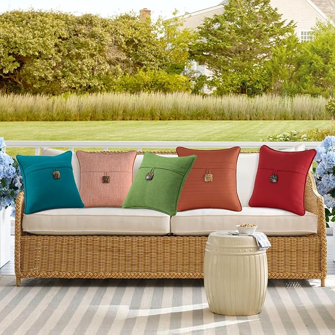 Outdoor Sunbrella Decorative Pillows with Coconut Button Pack of 4, 16" x 16" Outdoor Pillow Set for Couch Bed Throw Patio Sofa, Spectrum Peacock