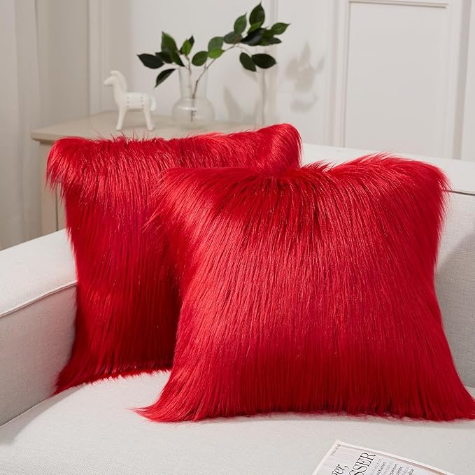 Phantoscope Pack of 2 Christmas Faux Fur Throw Pillow Covers Cushion Covers Luxury Soft Decorative Pillowcase Fuzzy Pillow Covers for Bed/Couch, Red 26 x 26 Inches