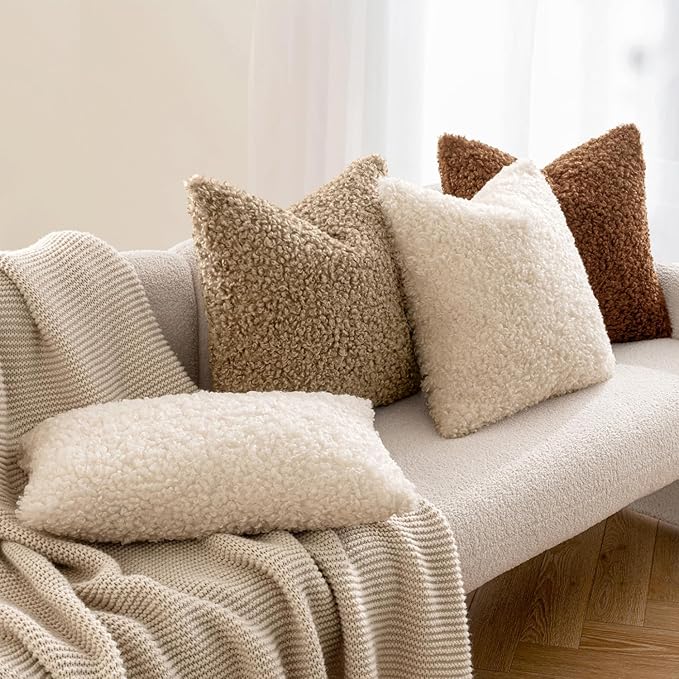 MIULEE Pack of 2 Lumbar Throw Pillow Covers 12x20 Inch Neutral Khaki Faux Fur Decorative Sherpa Pillow Covers Fuzzy Accent Soft Sheepskin Fleece Cushion Cases for Boho Home Decor Living Room Bed Chair