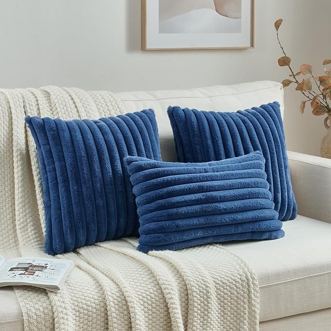 FUTEI Navy Blue Striped Decorative Throw Pillow Covers 12x20 Inch Set of 2,Rectangle Winter Decorations Couch Lumbar Pillowcase,Soft Cozy Faux Rabbit Fur & Velvet Back,Modern Home Decor for Bed