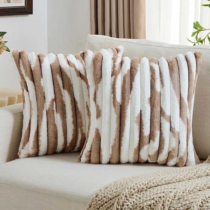 FUTEI Brown Decorative Throw Pillow Covers 22x22 Inch Set of 2, Soft Tie-Dye Faux Rabbit Fur Striped Texture Cushion Case, Modern Home Decor for Couch Bed Living Room