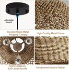 18.9" Large Rattan Chandelier,Boho 3-Lights Wicker Hand-Woven Farmhouse Seagrass Ceiling Hanging Pendant Lighting for Kitchen Islands Dining Rooms,