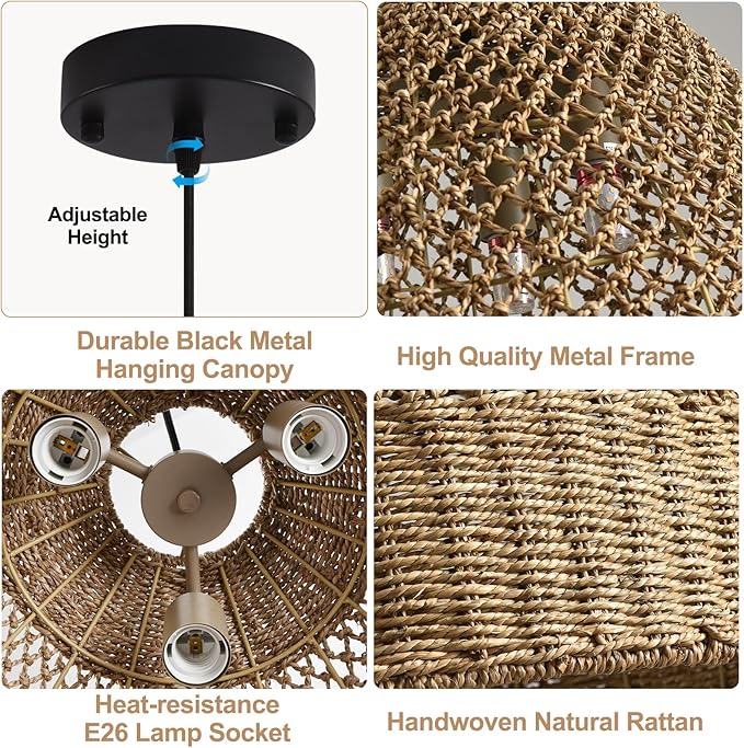 18.9" Large Rattan Chandelier,Boho 3-Lights Wicker Hand-Woven Farmhouse Seagrass Ceiling Hanging Pendant Lighting for Kitchen Islands Dining Rooms,