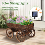 Wood Wagon Planter with Light for Outdoor Balcony Decor - Garden Rustic Wooden Flower Cart with Wheels for Outside Garden Decor Wheelbarrow Planter for Patio Christmas Decoration Gift Car