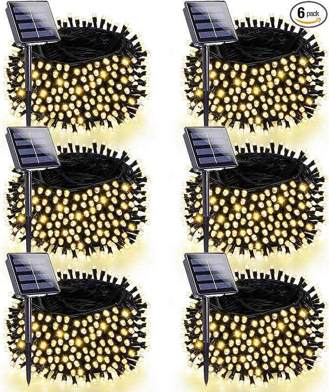 6 Pack 270FT Solar Christmas Lights Outdoor Waterproof, Super Bright 480 LED Solar String Lights with 8 Lighting Modes, Green Wire Twinkle Tree Light for Outside Xmas Party Decorations (Warm White)
