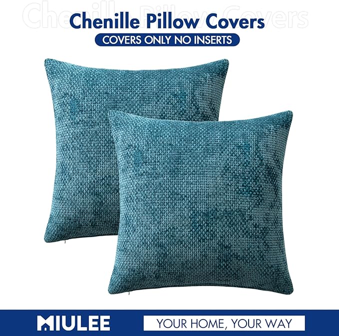 MIULEE Pack of 2 Couch Throw Pillow Covers 18x18 Inch Coastal Teal Modern Boho Accent Decorative Pillow Covers Soft Chenille Farmhouse Cushion Covers for Home Decor Bed Sofa Living Room