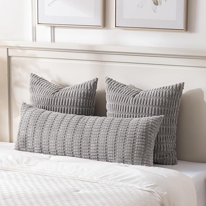 Fancy Homi Gray Long Lumbar Farmhouse Decorative Throw Pillow Covers 14x36 Inch for Bed Couch Bed Sofa, Rustic Boho Room Decor, Soft Striped Corduroy Rectangle Cushion Case 35x91 cm