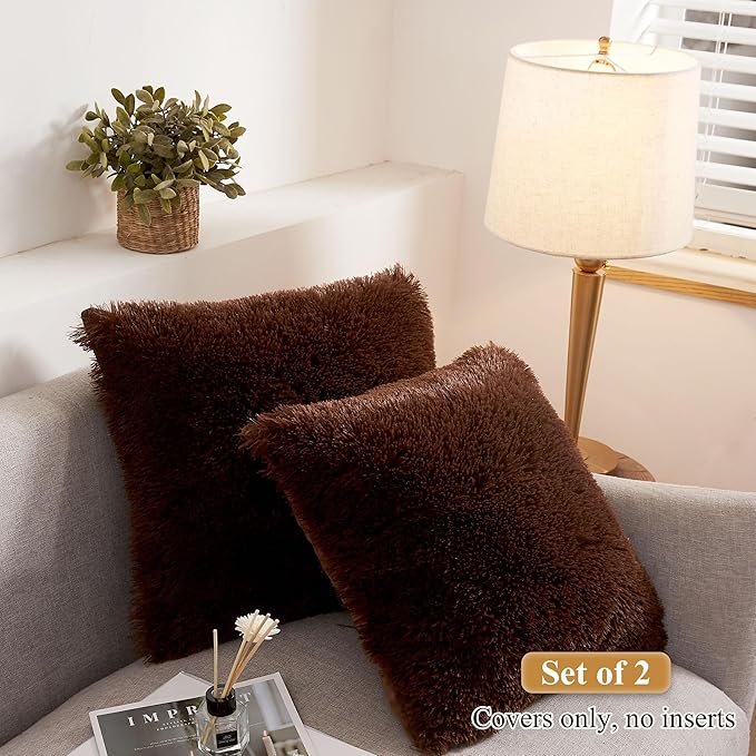 XeGe Soft Faux Fur Brown Throw Pillow Covers, Luxury Fluffy Cushion Covers, Shaggy Plush Furry Pillow Cases, Fuzzy Decorative Pillow Covers Pack of 2 for Sofa Bed Couch Bedroom (18''x18'', Coffee)