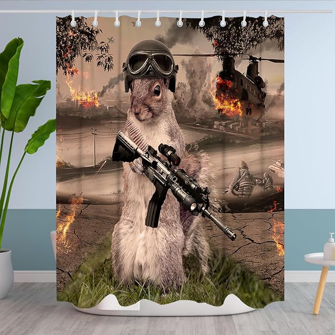 Funny Squirrel Warrior Shower Curtain Helicopter Animal Bathroom Set with 12 Hooks 72Hx60W inch Polyester Machine Washable Waterproof Brown Black and Green