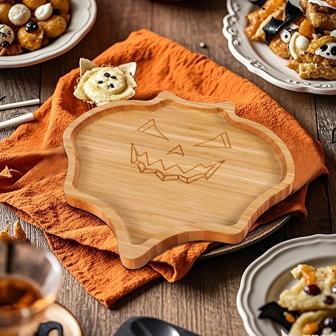 WILLKOMMEN Halloween Serving Platter, Bat Shaped Charcuterie Board, Bamboo Serving Tray 10" x 9" for Party Child Spooky Cheese Appetizer Board Serving Dishes Plate for Snacks, Candy, Cookies